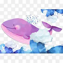 可爱卡通休闲鲸鱼喷水和海浪免扣