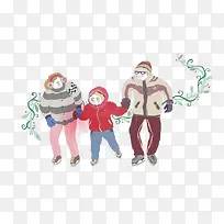 卡通手绘一家人冬季旅游