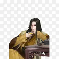 喝茶的黄衣美男古风手绘