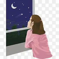 夜晚一个人站在窗前的孤单背影