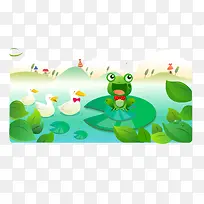 卡通青蛙鸭子池塘风景矢量图