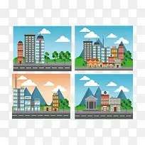 卡通扁平化城市建筑矢量素材,