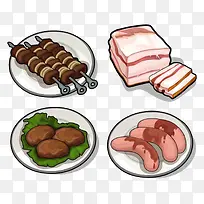 卡通烤肉串与肉类美食插画素