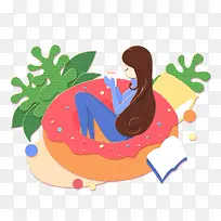 免抠卡通手绘坐在甜甜圈里的女孩