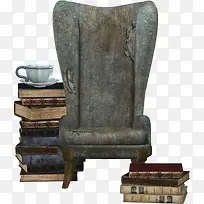 手绘古朴破损座椅和书