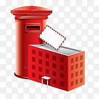 红色系手绘立体风邮政红色的邮筒