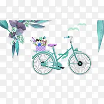 免抠卡通手绘蓝色的自行车绿叶装
