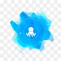 章鱼蓝色水彩绘标签