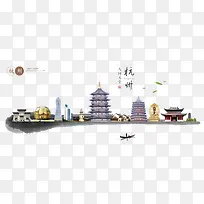 特色自创手绘旅游杭州地标免抠图