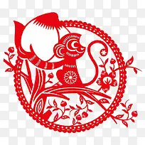 猴子偷桃红色剪纸