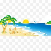 矢量卡通海上沙滩椰树螃蟹太阳