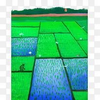 水彩手绘水稻插秧农田插图