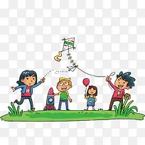 六一儿童节可爱人物插图草地上玩