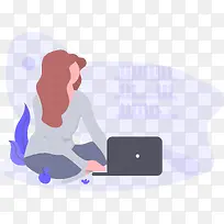 卡通手绘玩电脑的女人