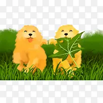 免抠卡通手绘绿色草地上的宠物狗