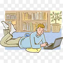 卡通人物趴着玩电脑