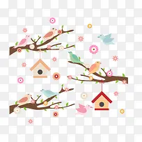 矢量手绘在树枝上的小鸟