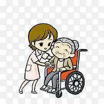 卡通扶起做轮椅的老奶奶的女医生