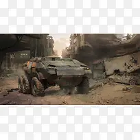 城市废墟与破烂的战车