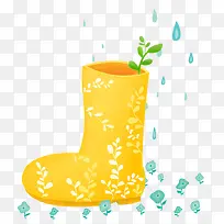 手绘水彩插画黄色雨靴