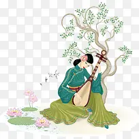 矢量古代琵琶女
