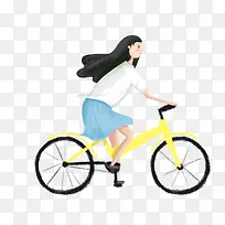 手绘人物小清新插画骑自行车的女
