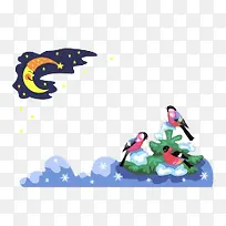 卡通手绘月亮星星彩色鸟