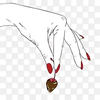 红指甲的手拿着蘸着巧克力的樱桃