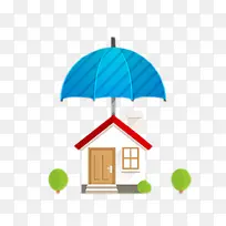 蓝色大伞下的房子和小树