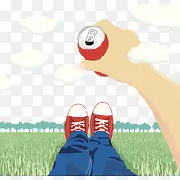 躺在草坪上喝可乐的人