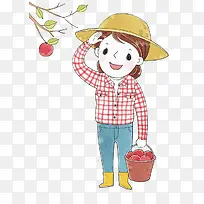 卡通人物插图摘果子的农村女孩
