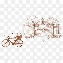 线稿手绘自行车门口插画
