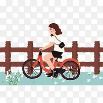 骑着自行车的美女旅行郊游