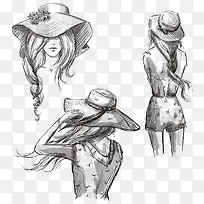 手绘带帽子的女子设计矢量素材
