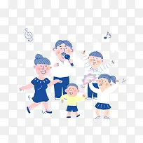 卡通家庭卡拉ok人物插画