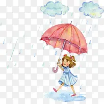 手绘风下雨打伞女孩