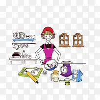 卡通在厨房制作蛋糕的女孩