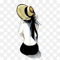 卡通动漫风戴草帽坐着的美女背影