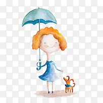手绘水彩卡通插图撑雨伞走在路上