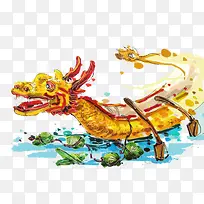 手绘水彩端午节插画龙舟与粽子