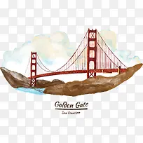 水彩手绘美国加州旧金山金门大桥