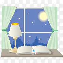 夜晚的月亮台灯和书本
