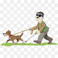 卡通插图导盲犬与盲人走路