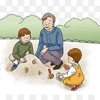奶奶与孩子一起玩沙子