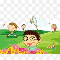 卡通插图草地上扑蝴蝶的孩子们