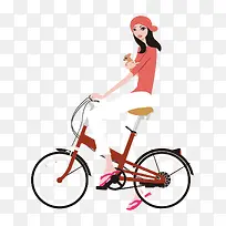 女孩骑单车春游手绘扁平插画
