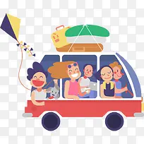 手绘可爱卡通插图一家人自驾游旅