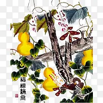 中国画彩色葫芦瓜藤藤蔓