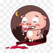 夜晚喝红酒的小猪