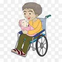 坐在轮椅上面抱婴儿的老人